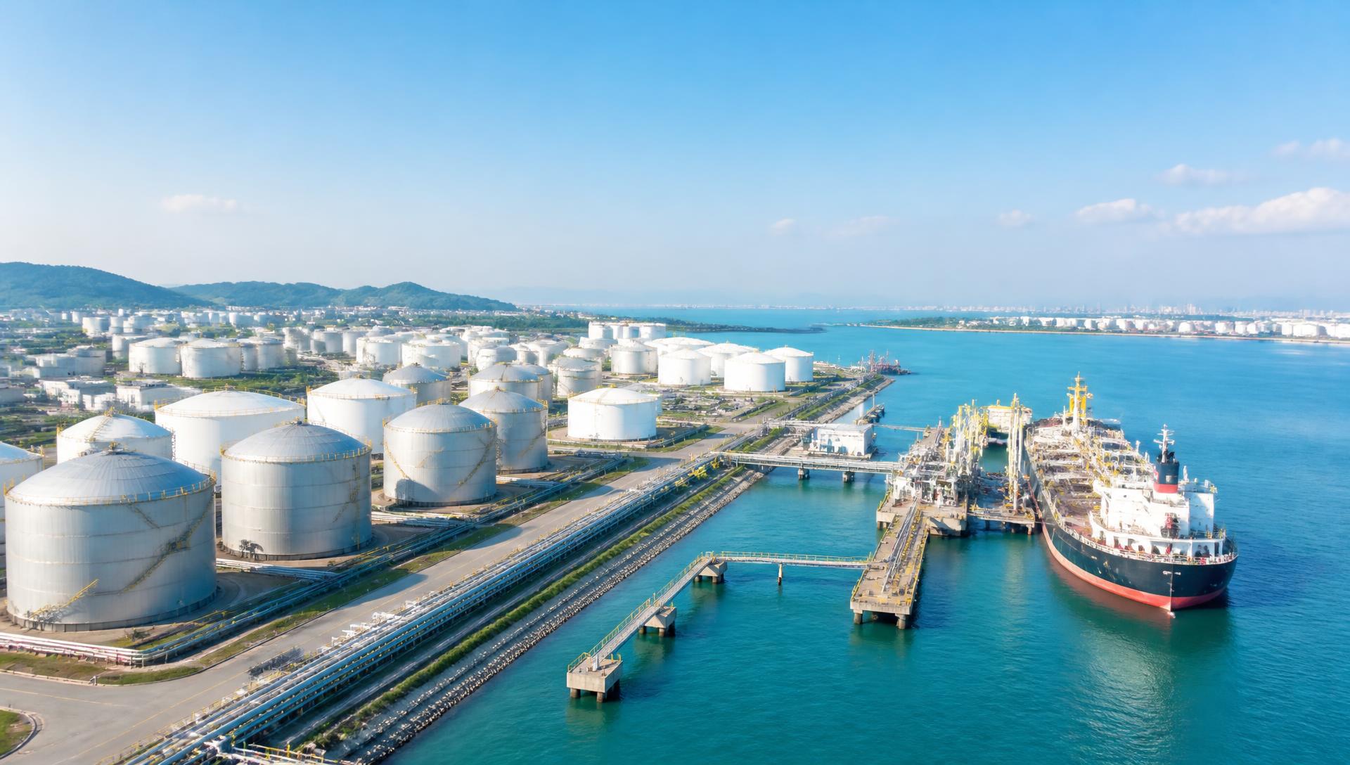 Sunlit port terminal with white storage tanks, jetty and tanker vessel