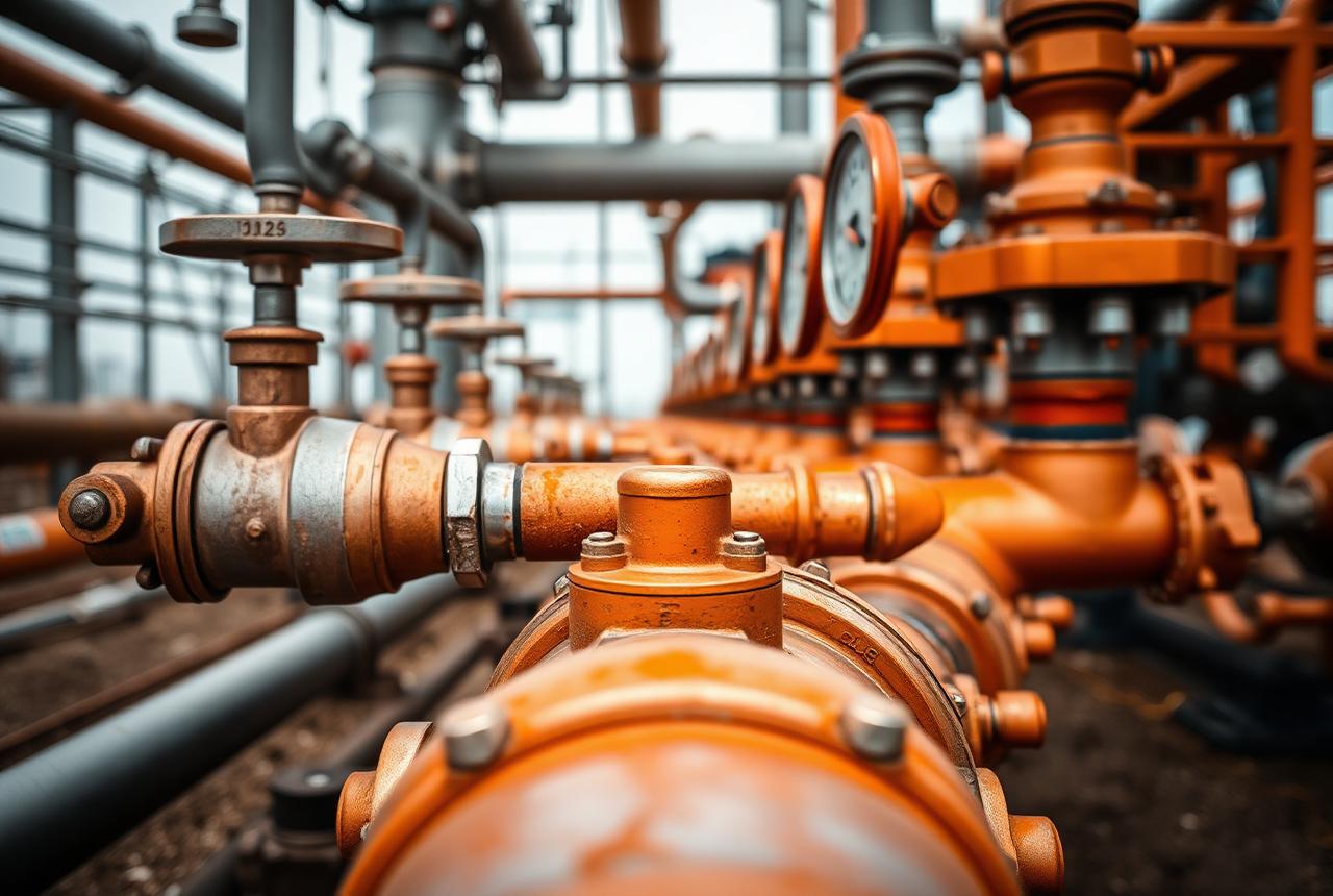 Pipeline manifold valves and gauges at a petroleum terminal